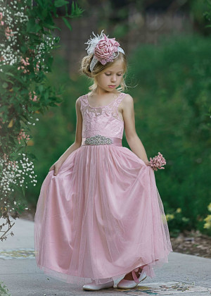 Dusty Rose Lace Tulle Floor Length Flower Girl Dress